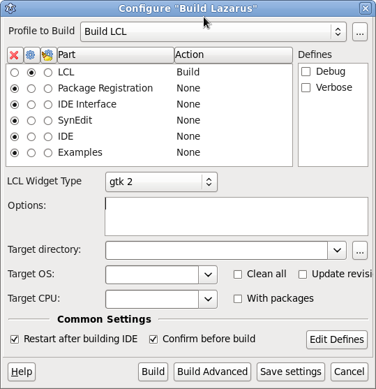 Screenshot from the configure build Lazarus dialog